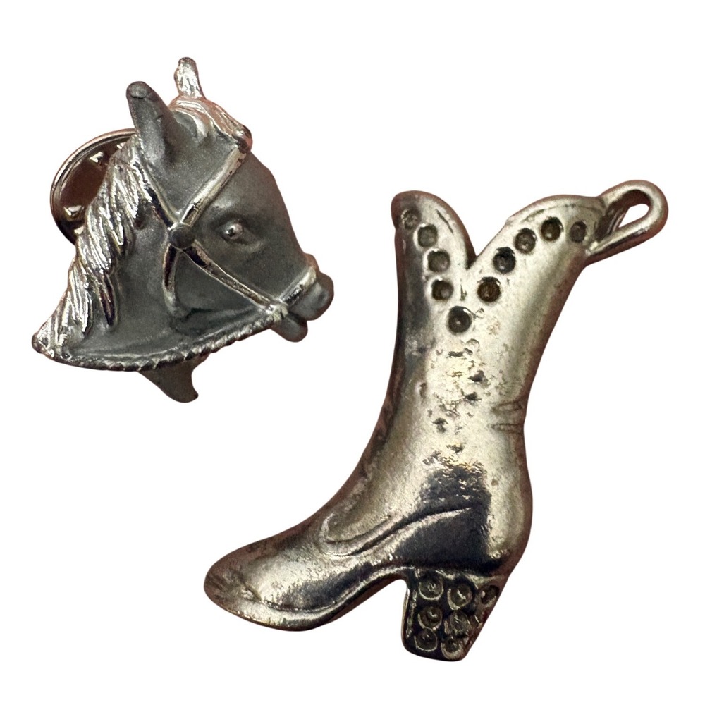 Vintage Silver Tone Western Horse Head Lapel Pin and Cowboy Boot‎ Brooch Set
